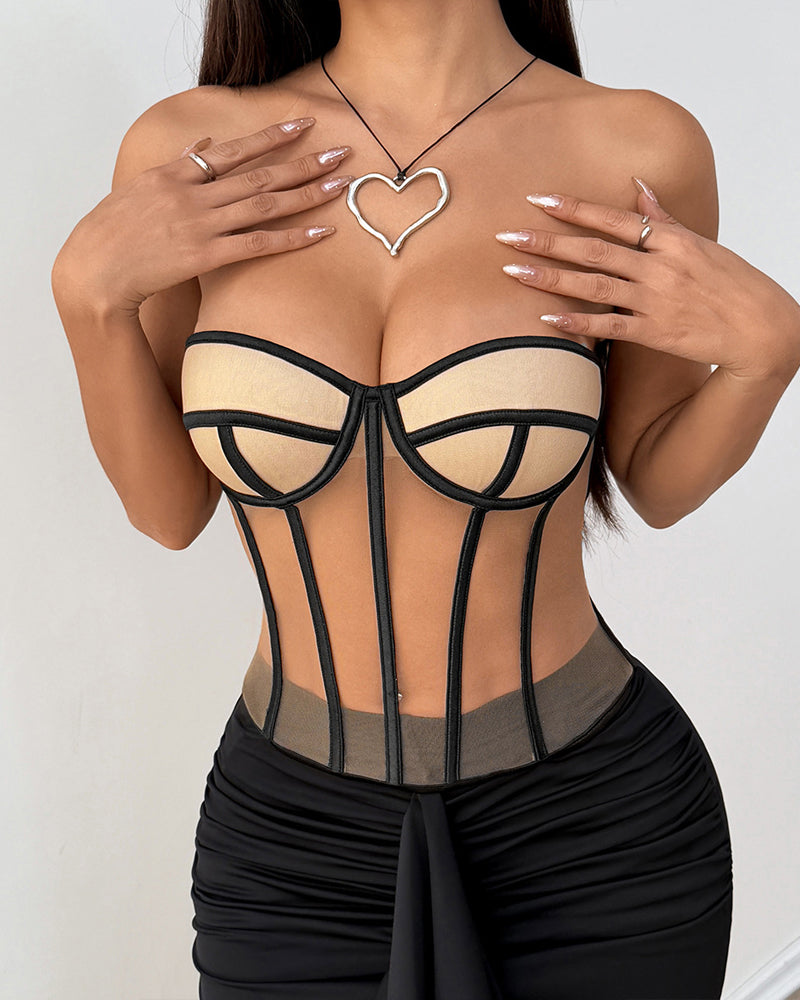 Underwired Backless Drawstring Waist Tight-fitting Sheer Bandeau Top