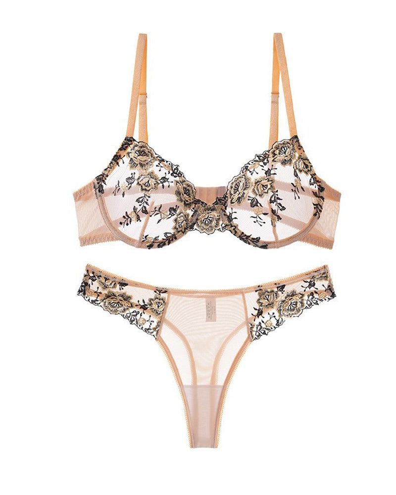 French-style Ultra-thin Push-up Floral Embroidered Mesh See-through Lingerie Set