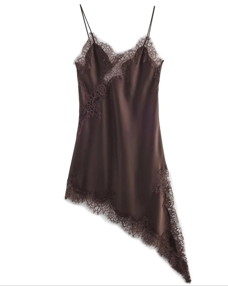 V-neck Ice Silk Lace Patchwork Asymmetrical Casual Suspender Mini Dress