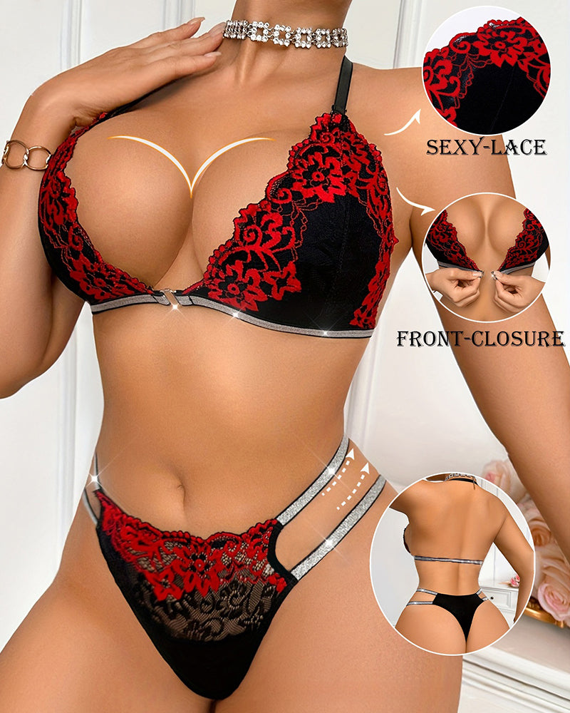 Lace Front-closure Halter Neck Wireless Bra and Low-rise Thong Lingerie Set