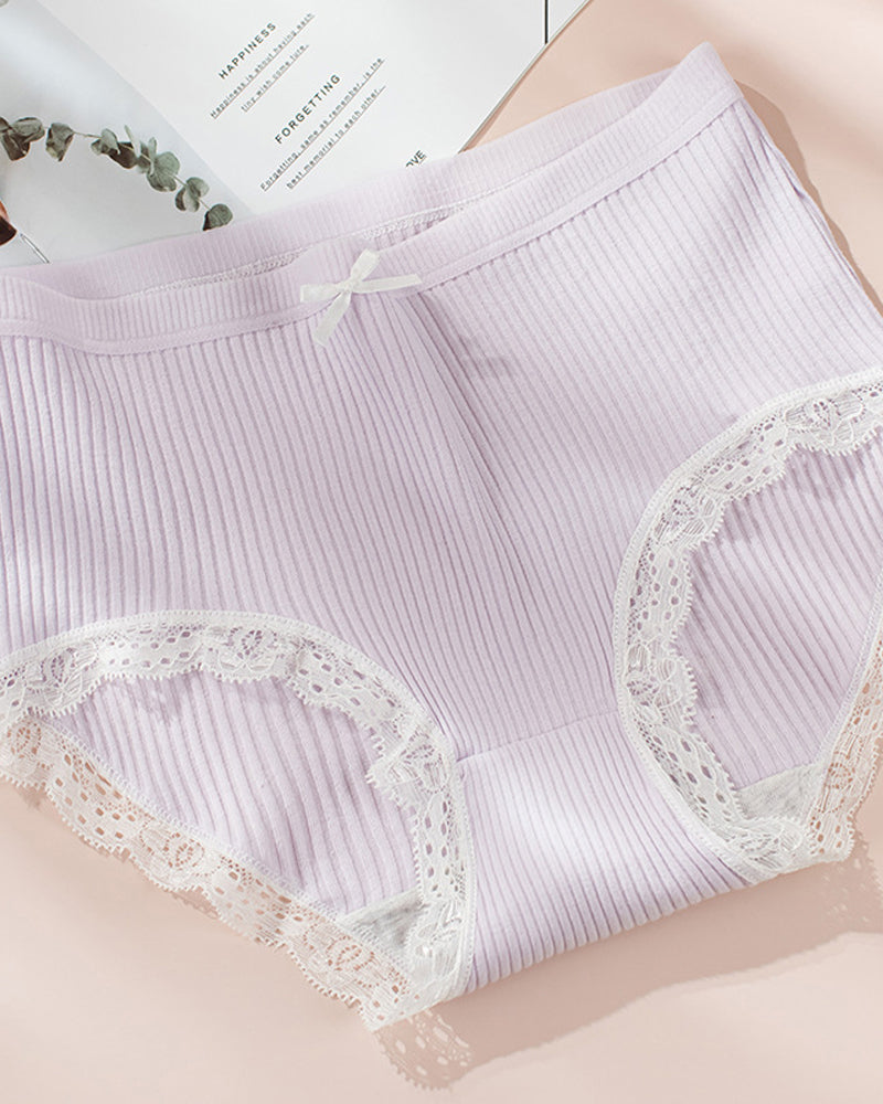 High Waisted Pure Cotton Ribbed Lace-trim Panties