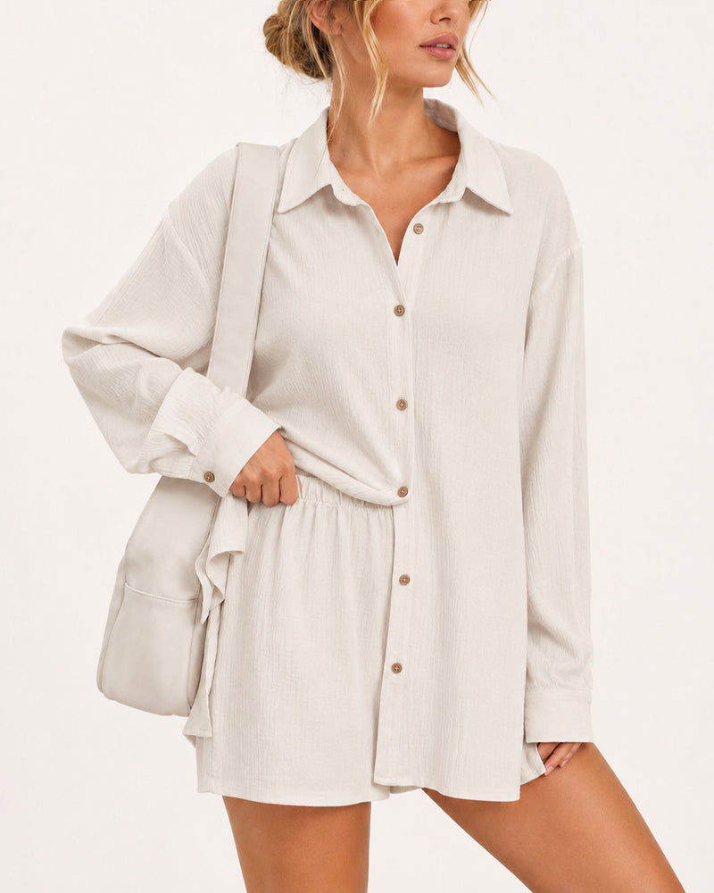 Casual Loose Long Sleeve Shirt and Shorts Set