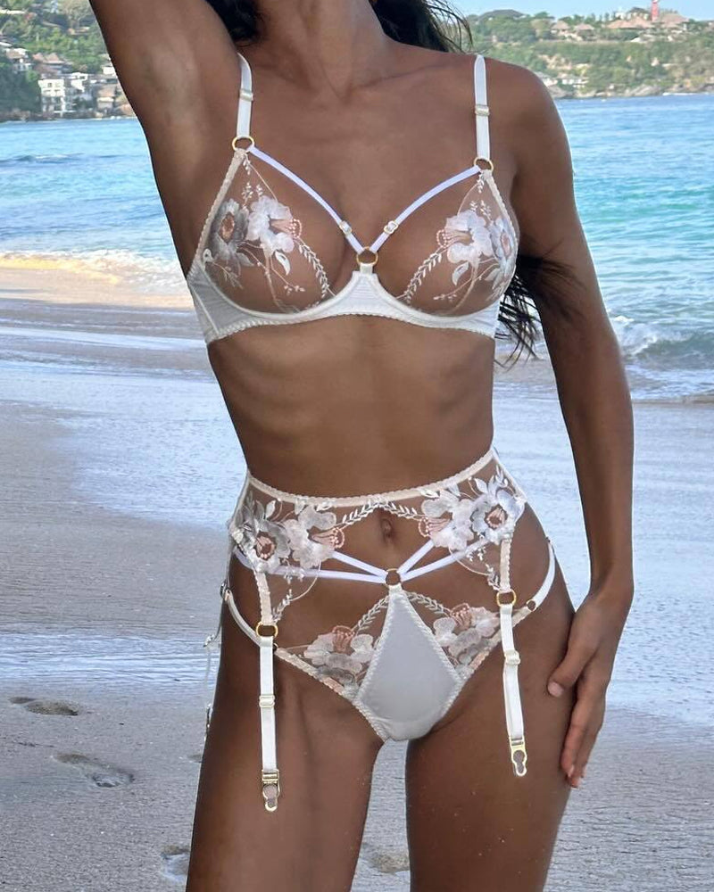 Floral Embroidered Sheer Mesh Lingerie Set