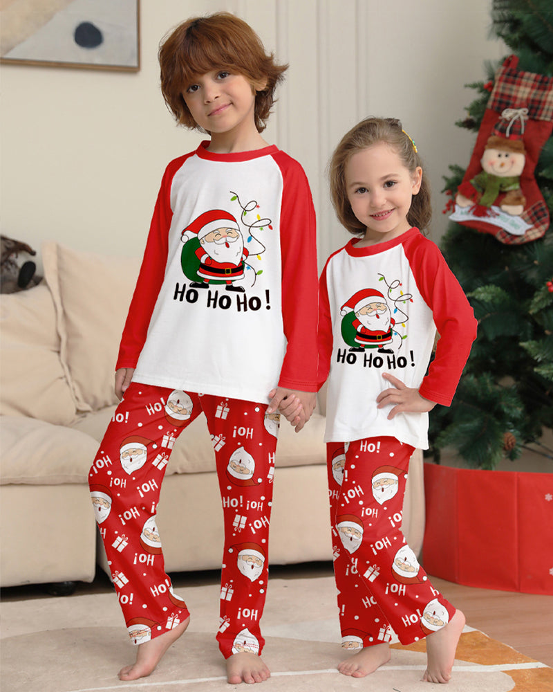 Santa Claus Print Round Neck Raglan Sleeve Color Block Parent-Child Lounge Pajama Set