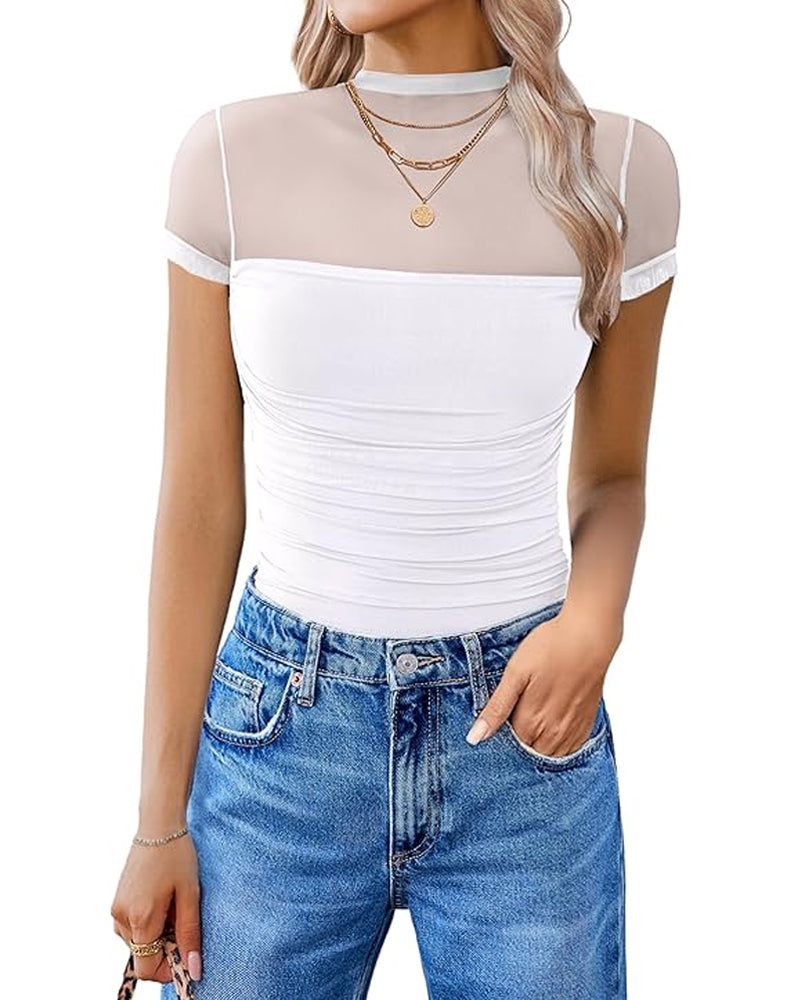 Women's High-Neck Sheer Mesh Panel Seamless Short Sleeve Bodysuit