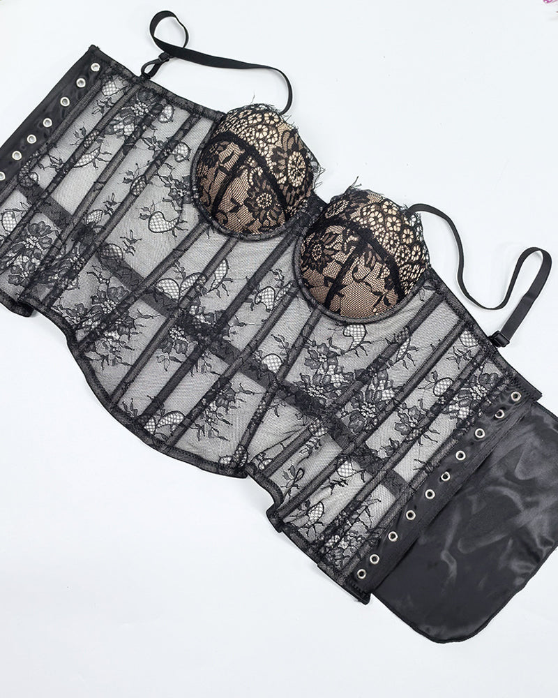Strapless Lace Mesh See-through Underwire Bra Back Tie Fishbone Top