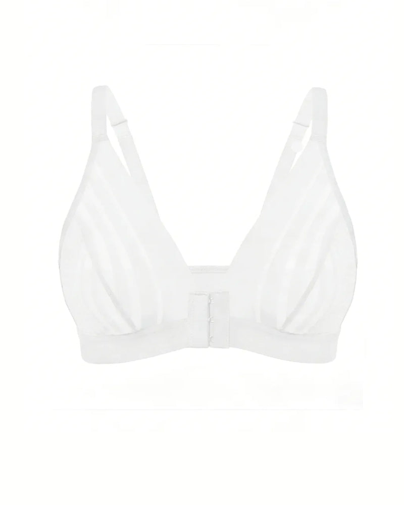 Deep V-neck Striped Mesh Paneling Front-closure Bra