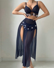 Sheer Mesh Tassel-decorated Deep V-neck Top and High-slit Long Skirt Lingerie Set