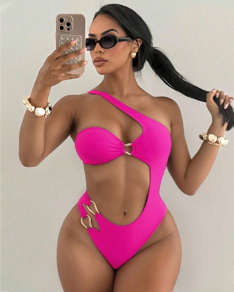 Off-shoulder Cutout Backless Solid Color One-piece Swimsuit