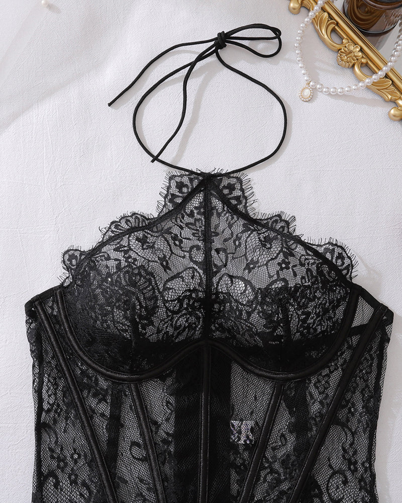 Halter Neck See-through Lace Fishbone Lingerie Set