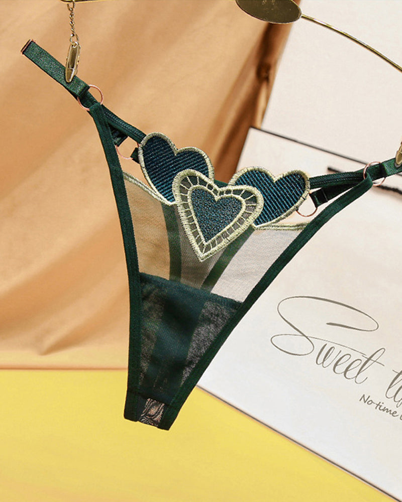 Heart Embroidered Sheer Mesh Thong