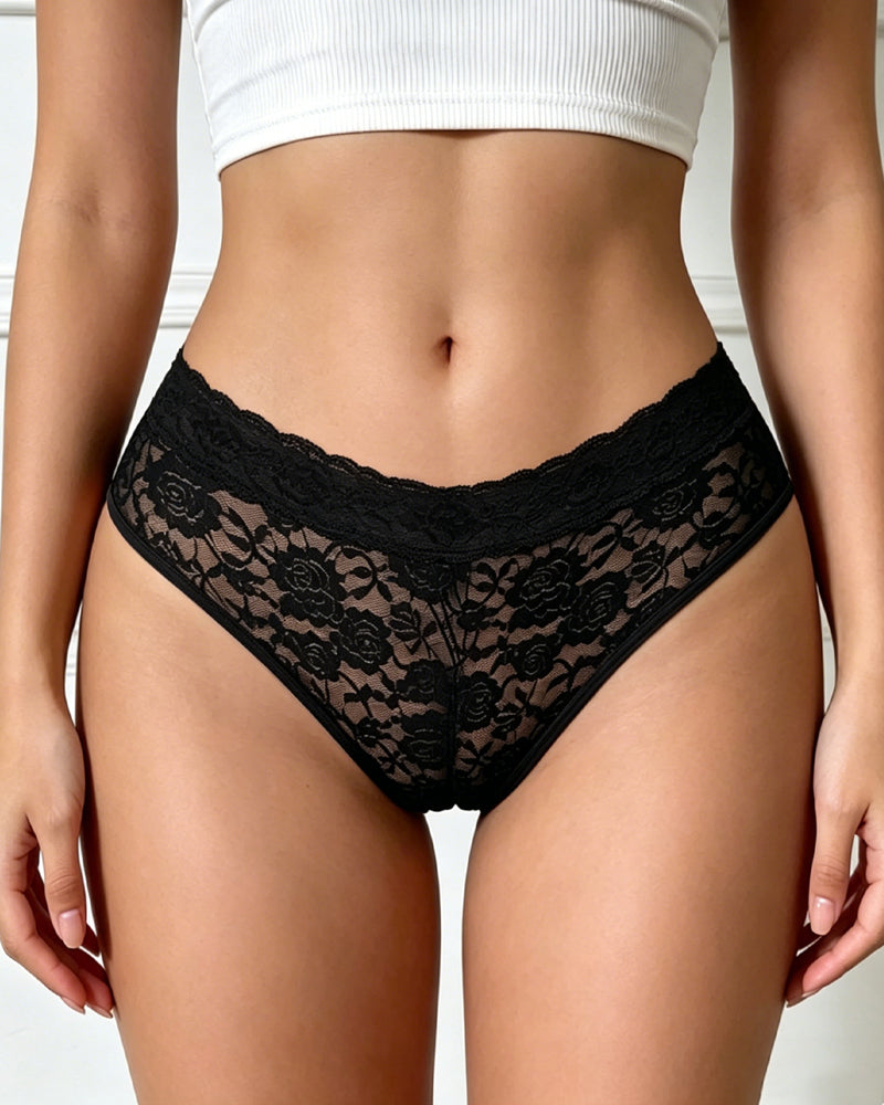 Women's Mid-waist Floral Lace Colorblock Breathable Panties