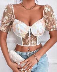 Low-cut Backless Embroidered Mesh Panels Puff Sleeves Top