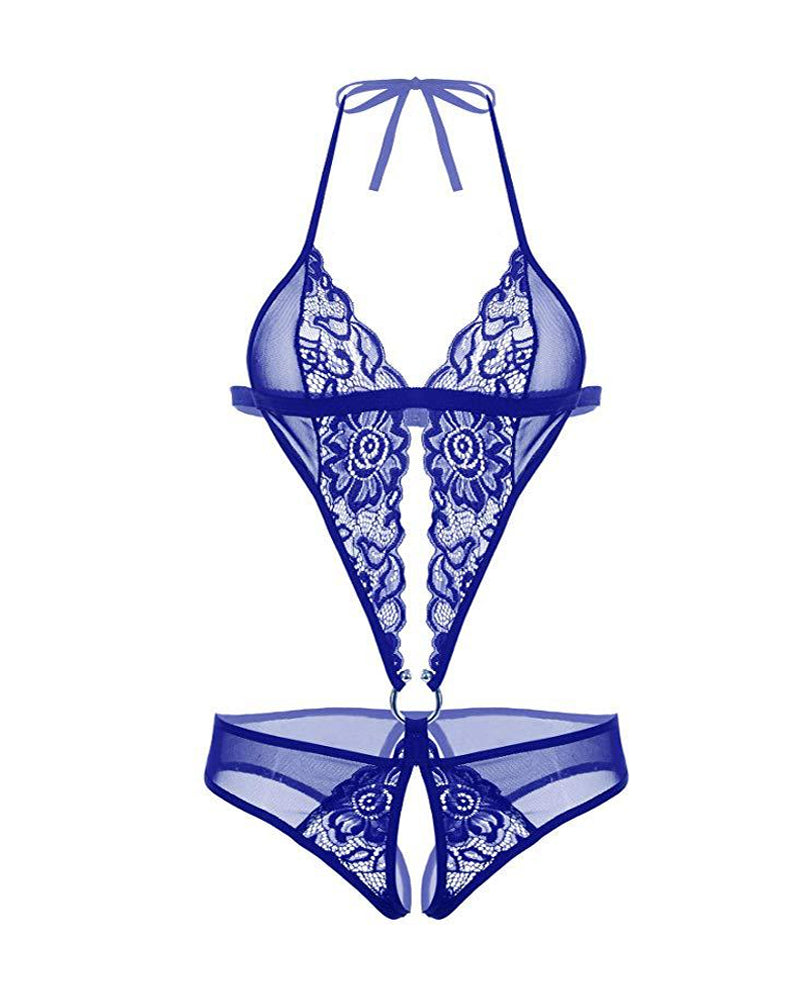Lace Sheer Abdominal Ring Closure Open Crotch Bodysuit