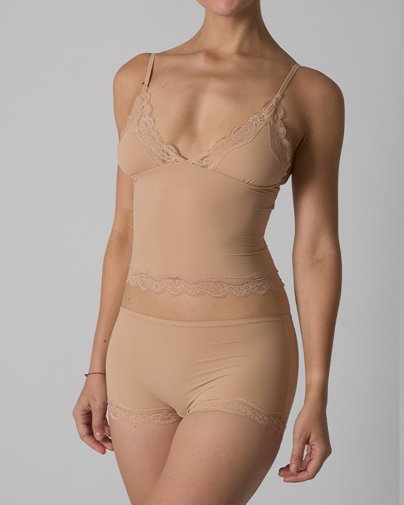Skin-friendly Lace Trim V-neck Camisole and Boyshorts Underwear Set