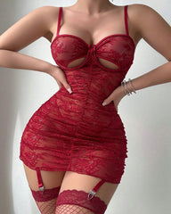 Floral Lace See-through Mesh Camisole Nightgown with Stockings Set