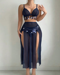 Sheer Mesh Tassel-decorated Deep V-neck Top and High-slit Long Skirt Lingerie Set