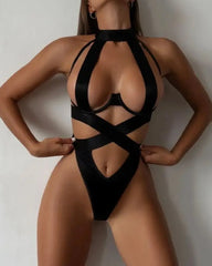Halter-neck Strappy Open Back Push-up Bodysuit Lingerie