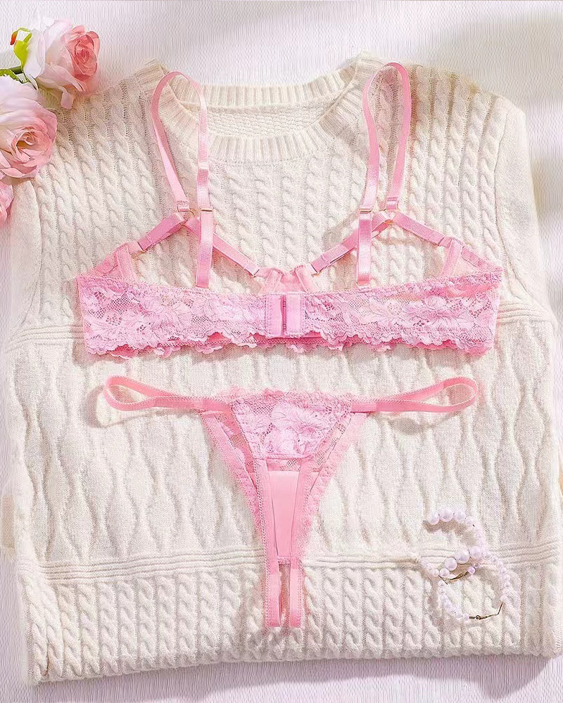 Lace Floral Openwork Bra and Thong Lingerie Set