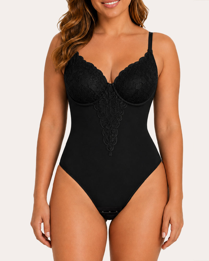 Women's Deep V Lace-Trimmed Tummy Control Seamless Bodysuit