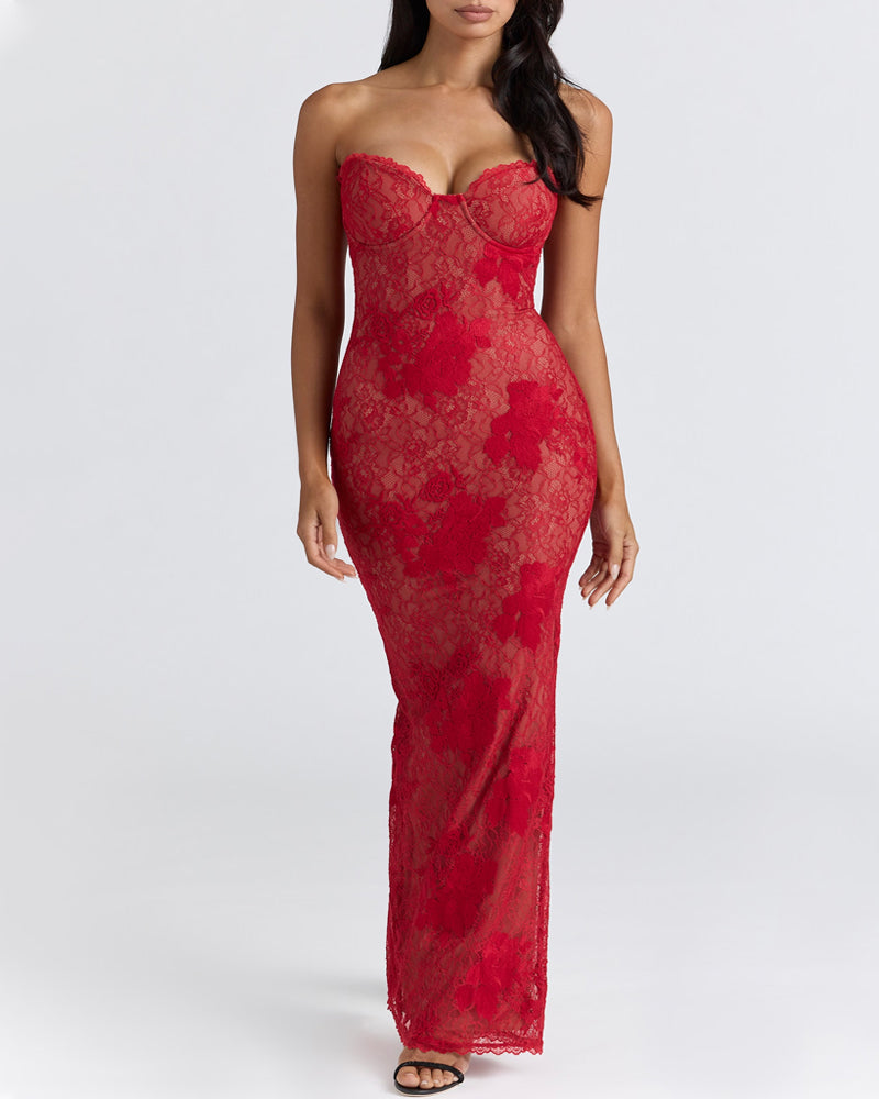 Floral Lace Strapless Bodycon Slit Long Dress and Long-sleeved Cover-up Set