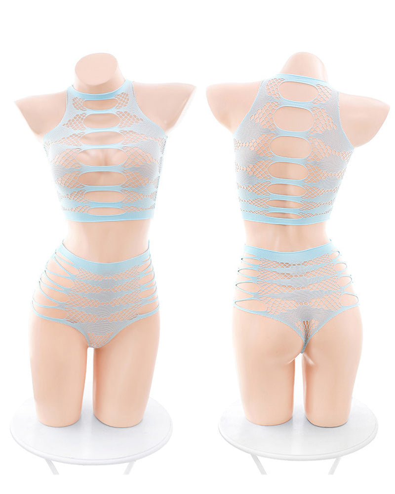 Hollowed-out Elastic See-through Mesh Lingerie Set