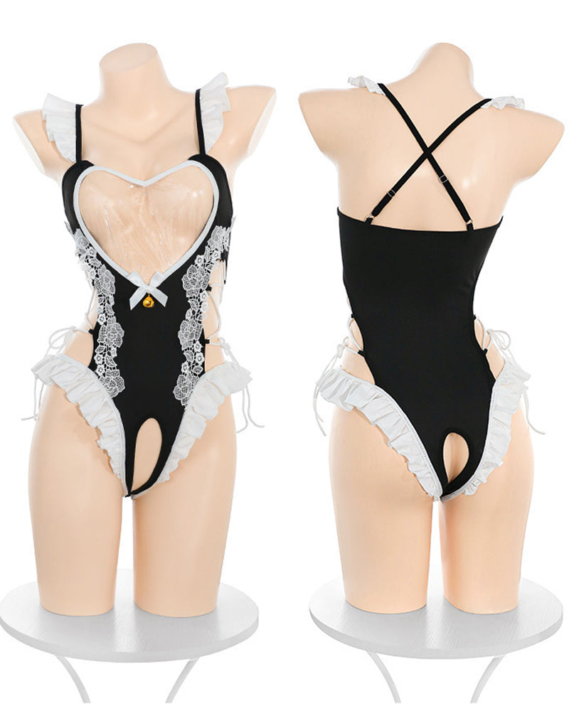 Bust Heart-shaped See-through Lace Open Crotch Bodysuit with Cat Ear Headband Lingerie Set