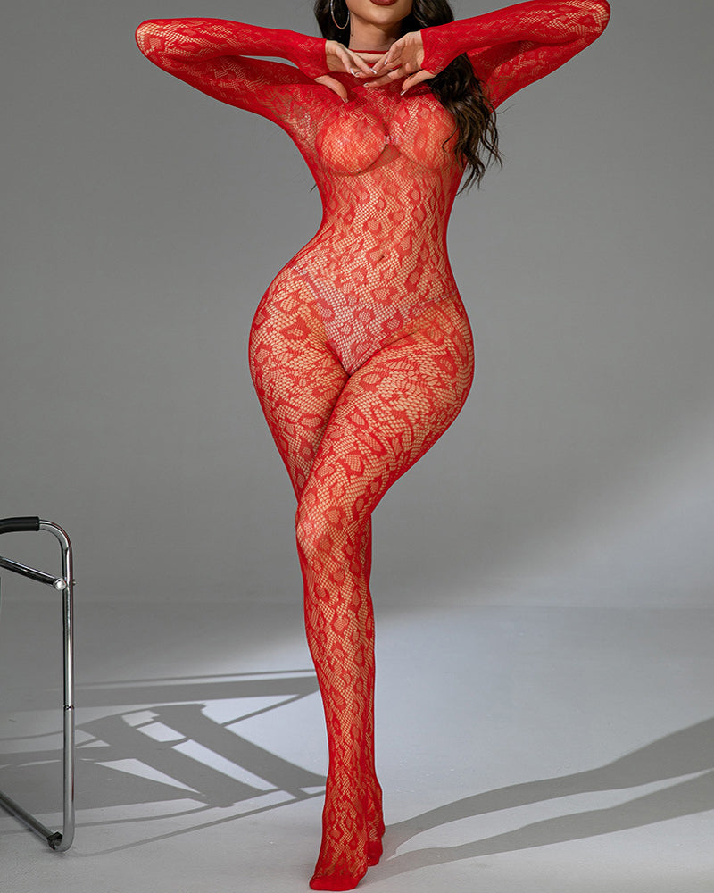 Leopard Backless Lace Fishnet Stretch Tight Long-sleeved Bodysuit