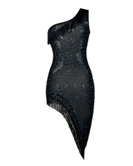 One-shoulder Rhinestone-embellished Mesh Fringed Asymmetrical Sheer Nightgow