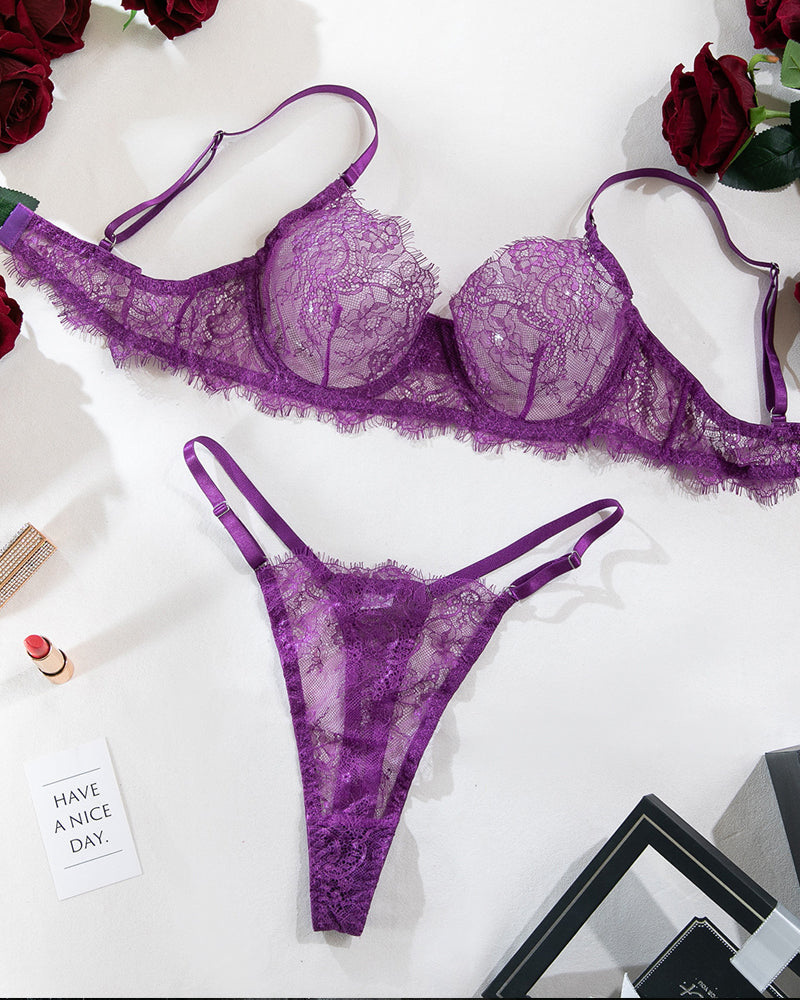 Lace Sheer Bra and Thong Lingerie Set