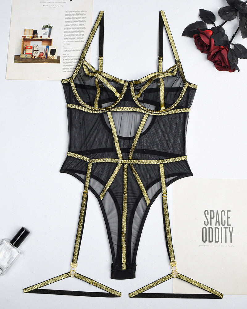 Mesh Sheer Gold Thread Patchwork Erotic Bodysuit