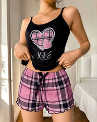 Casual Plaid Colorblock Print Camisole and Shorts Loungewear Set