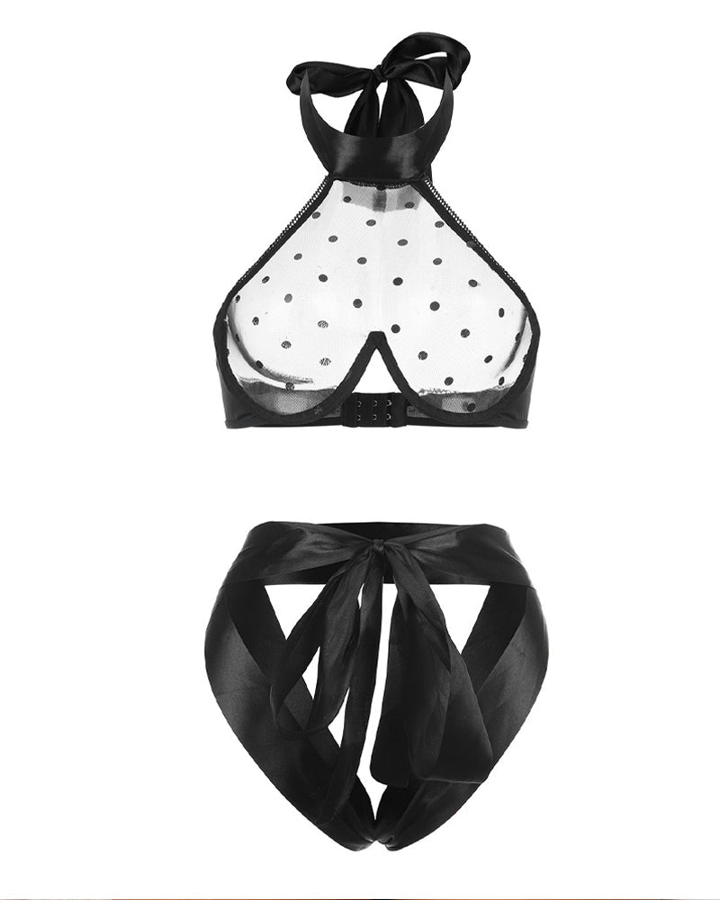 Black Polka Dot Backless Sheer Openwork Lingerie Set