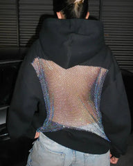 Fashion Solid Color Backless Cutout Mesh Panel Long-sleeved Hooded Sweatshirt