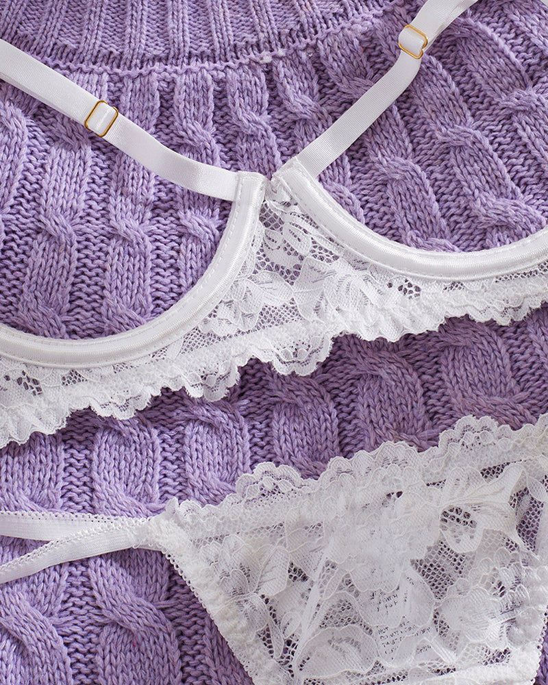 Lace Floral Openwork Bra and Thong Lingerie Set