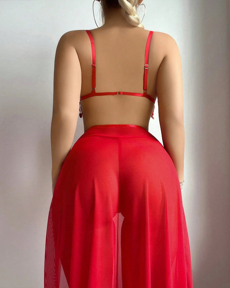 Sheer Mesh Tassel-decorated Deep V-neck Top and High-slit Long Skirt Lingerie Set