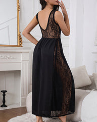 Deep V See-through Lace Patchwork Long Nightgow