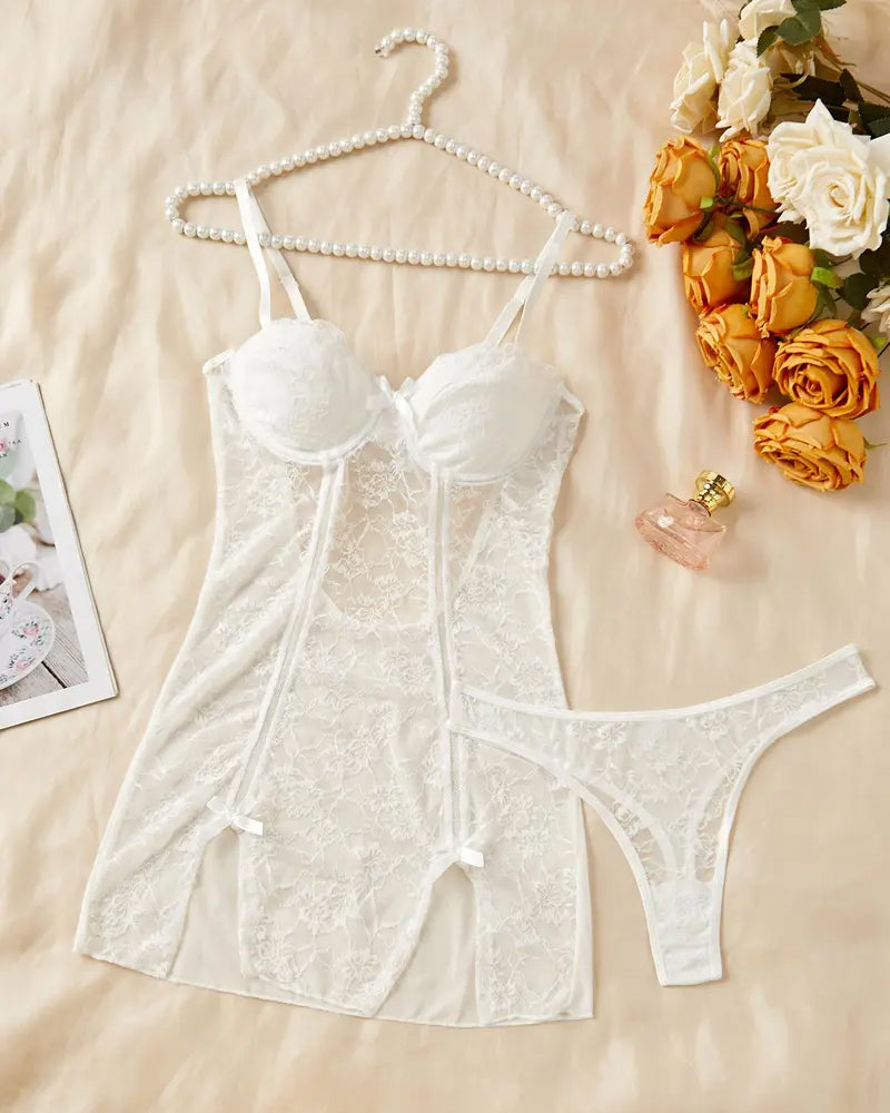 Women's Floral Lace See-through Slip Dress and Thong Set