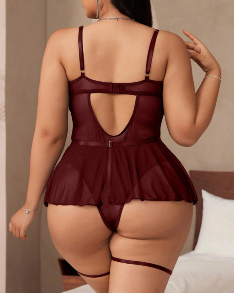 Plus Size Lace See-Through Mesh Garter Bodysuit Nightgown