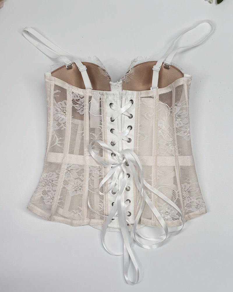 Strapless Lace Mesh See-through Underwire Bra Back Tie Fishbone Top