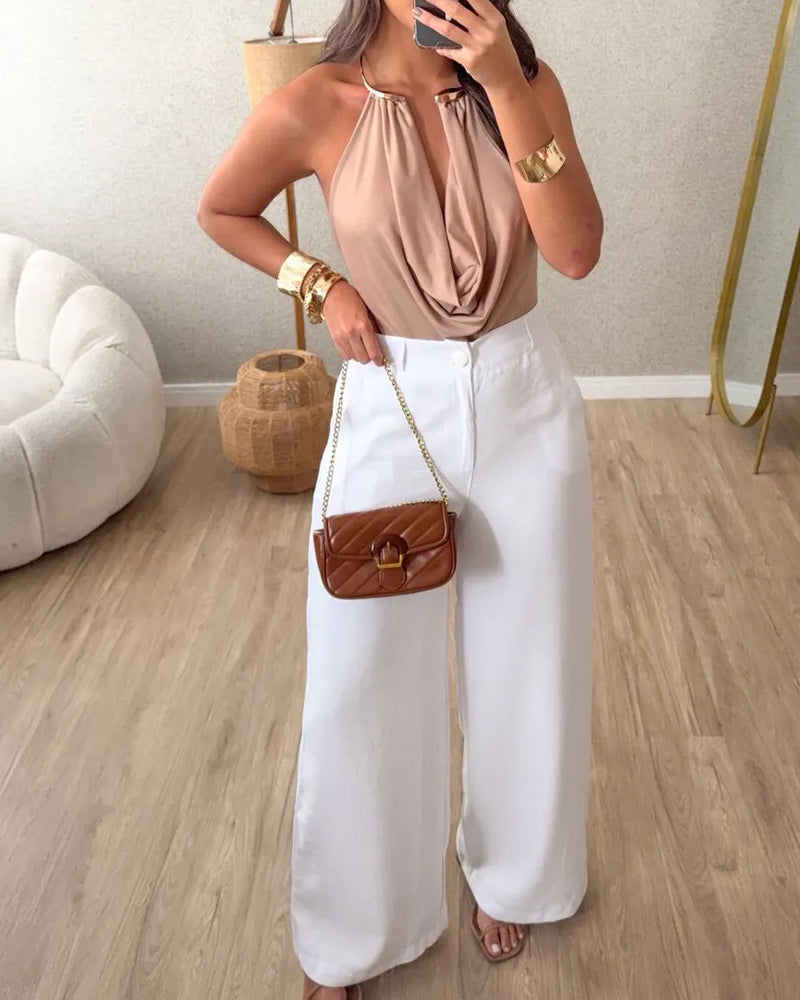 Women's Halter Neck Choker-Decorated Solid Color Bodysuit