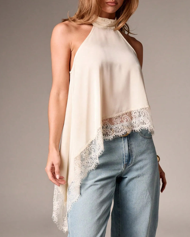 Women's Sleeveless Lace-trimmed Asymmetrical Halter Neck Satin Breathable Top