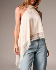 Women's Sleeveless Lace-trimmed Asymmetrical Halter Neck Satin Breathable Top