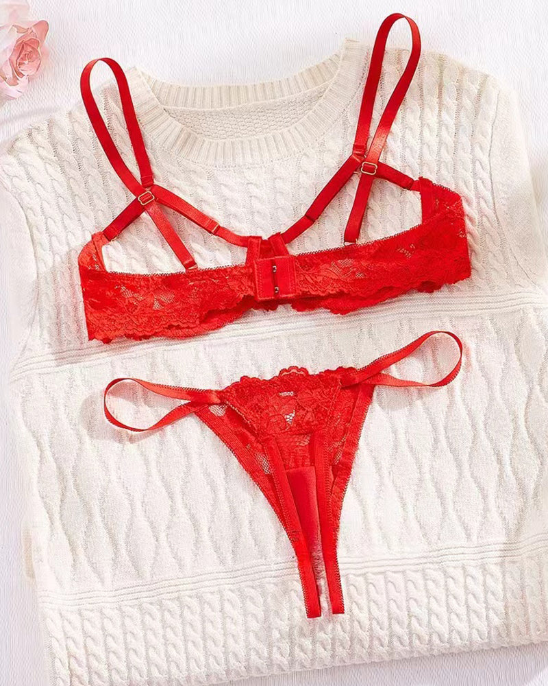 Lace Floral Openwork Bra and Thong Lingerie Set