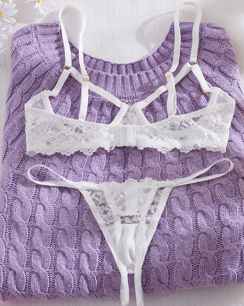 Lace Floral Openwork Bra and Thong Lingerie Set
