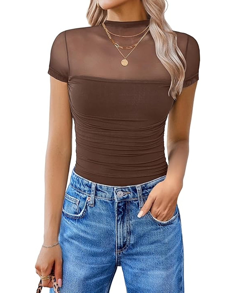 Women's High-Neck Sheer Mesh Panel Seamless Short Sleeve Bodysuit