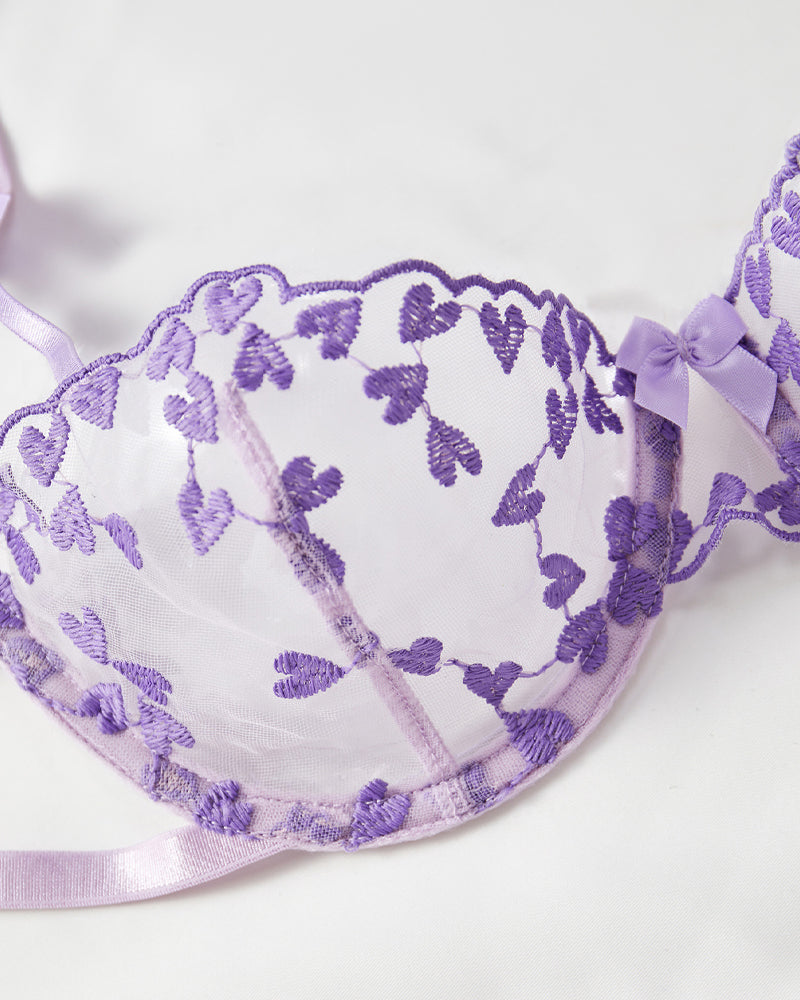 Sheer Mesh Heart-shaped Embroidery Underwire Lingerie Set