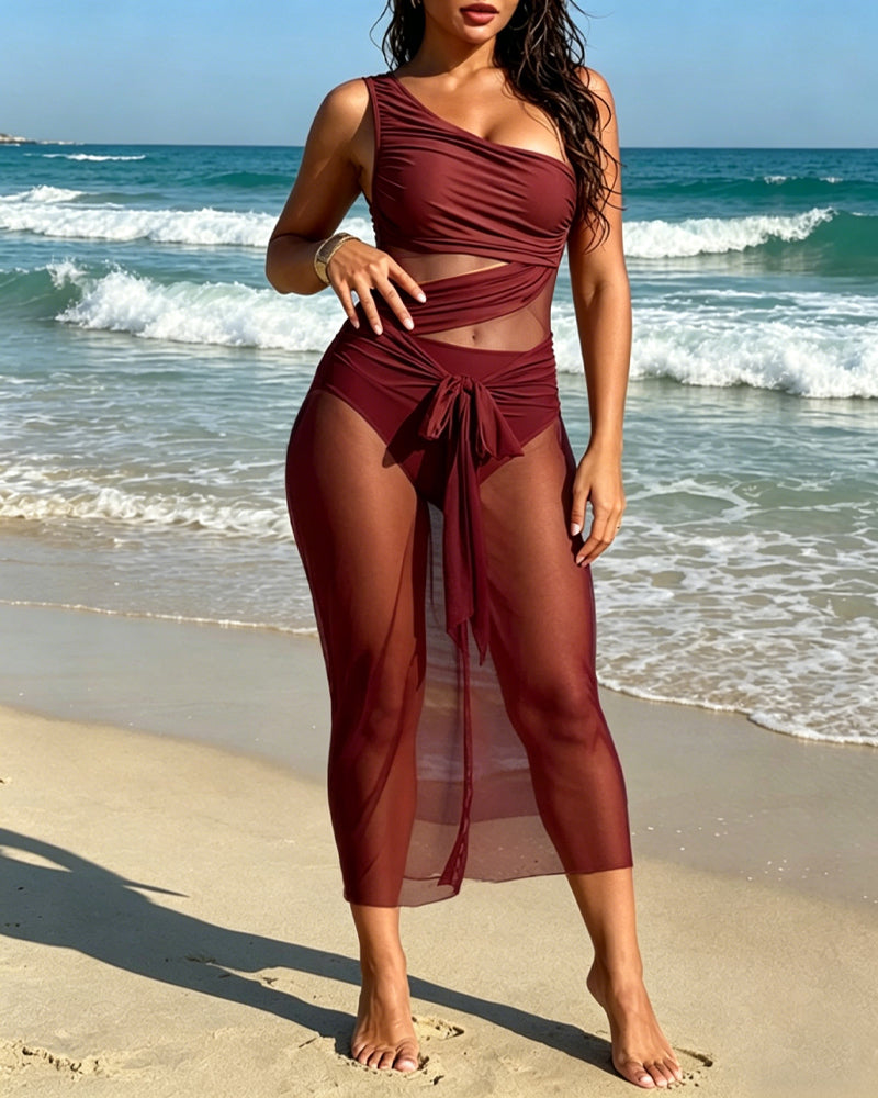 Vacation One-shoulder Mesh Hollow-out Patchwork Swimsuit and Sarong Skirt Set