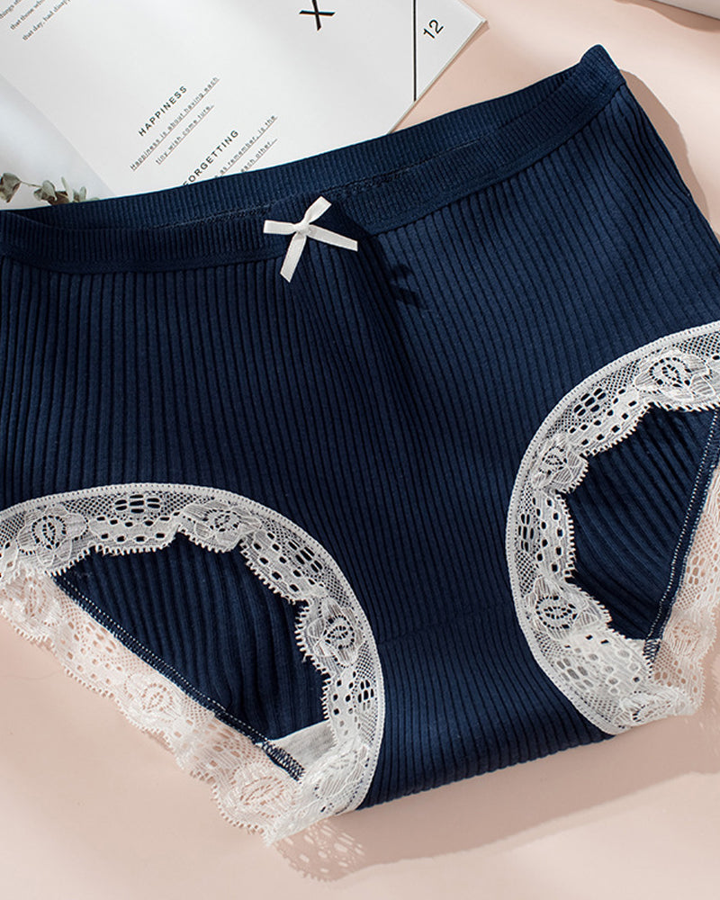 High Waisted Pure Cotton Ribbed Lace-trim Panties