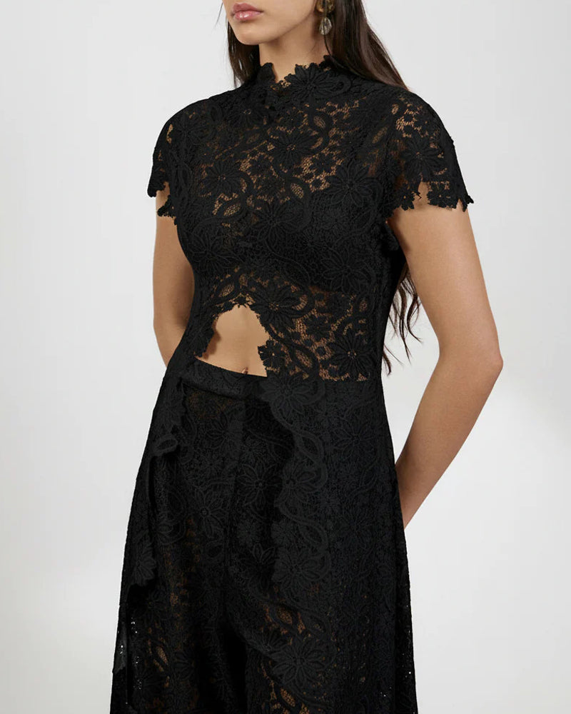 Lace Openwork Front Slit Long Top and Wide-leg Pants Set